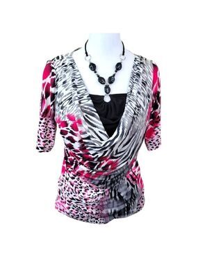 Conrad C Collection Short Sleeve Halter Insert Top Multicolor Animal Print M